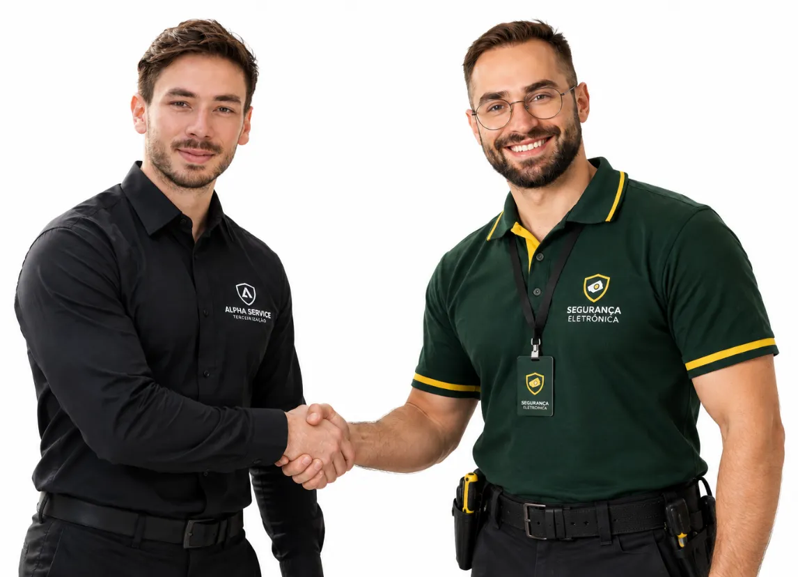 Representante da Alpha Service e um técnico de uma empresa de segurança eletrônica apertando as mãos