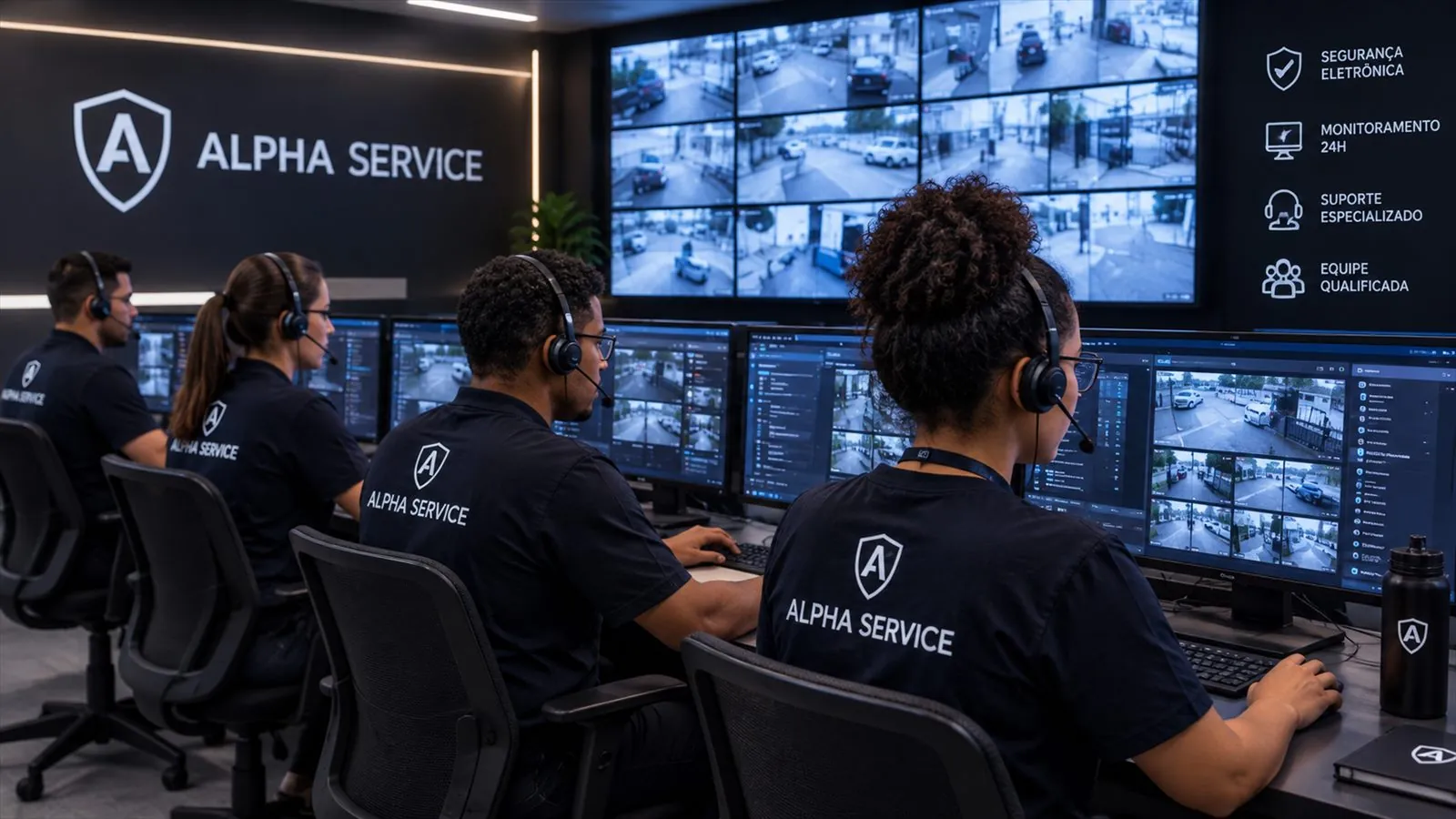 Operadores da Alpha Service com headsets acompanhando as câmeras durante o turno